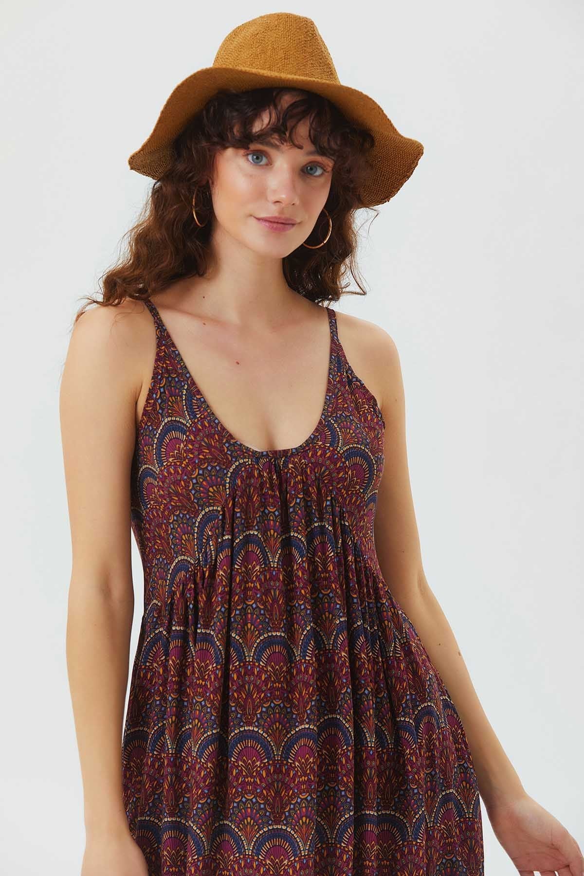 Midi Summer Dress with Patchwork Print Purple
