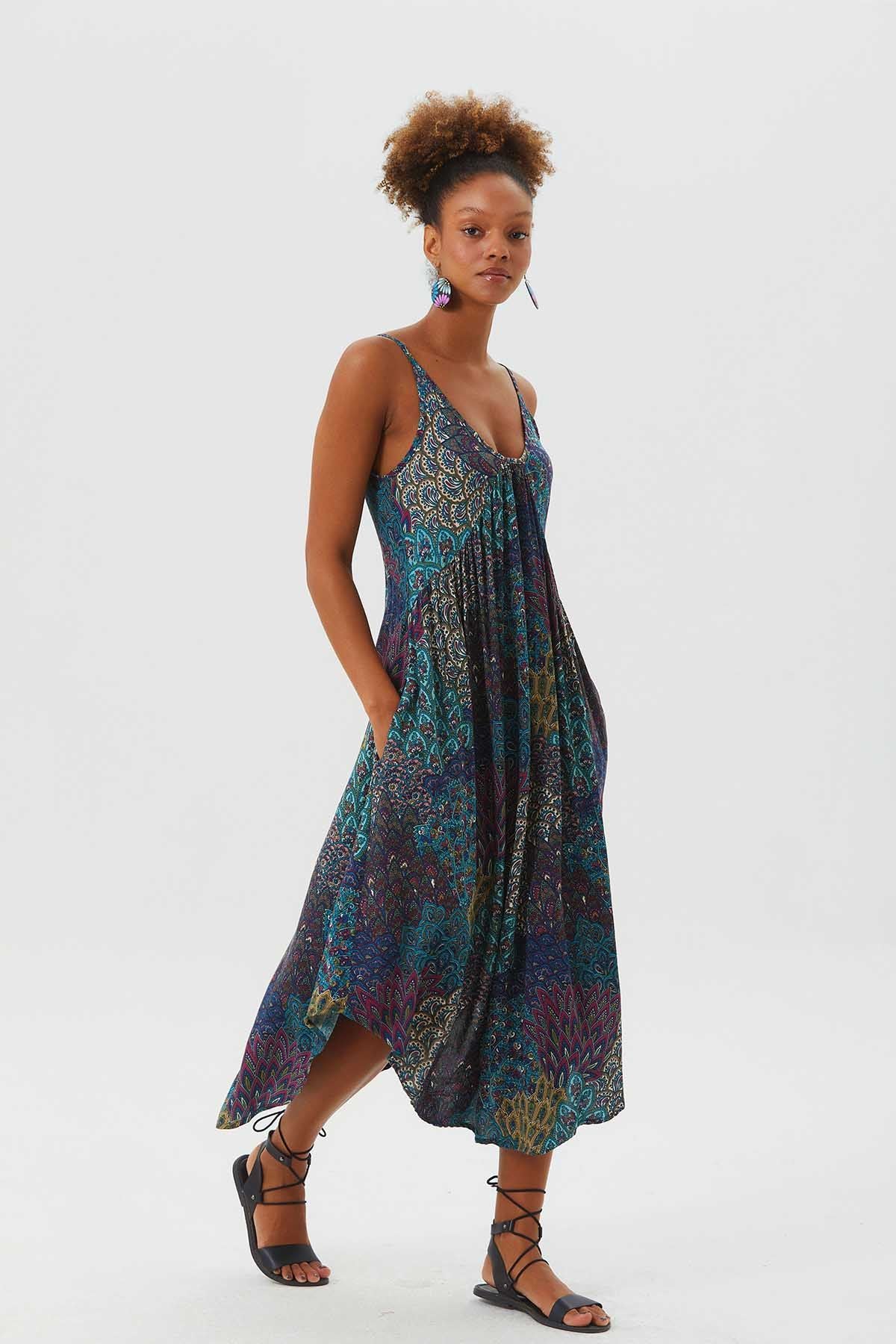 Midi Summer Dress with Patchwork Print Turquoise