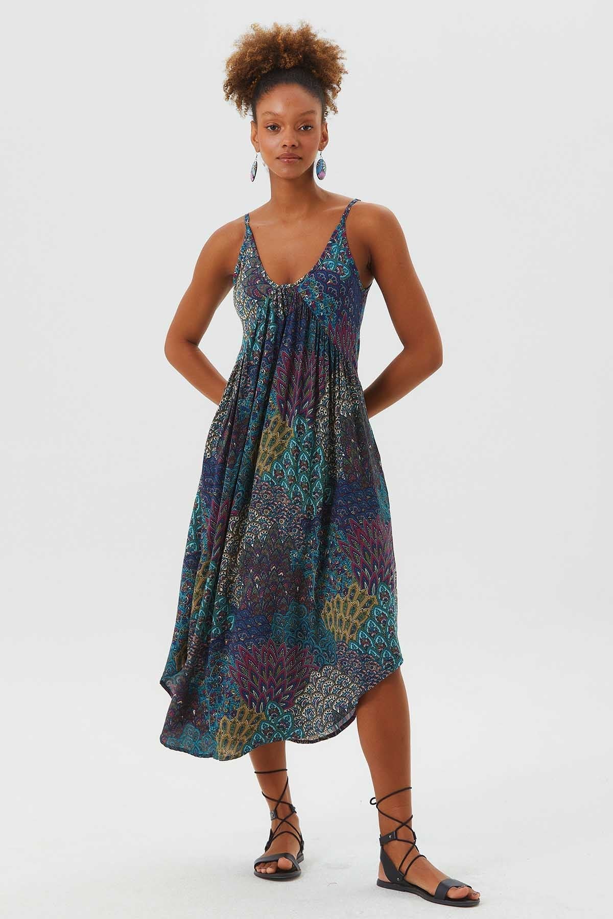 Midi Summer Dress with Patchwork Print Turquoise