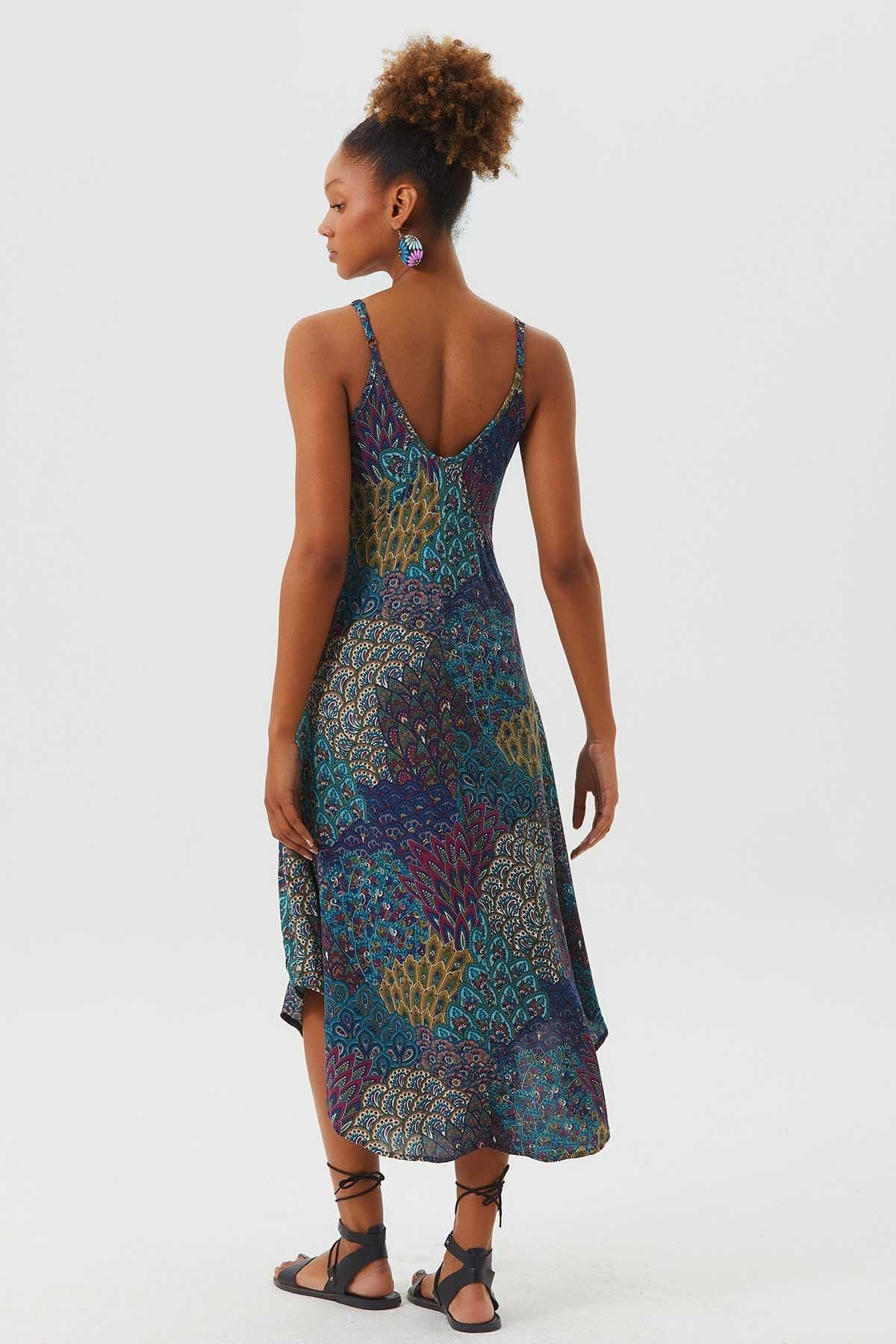 Midi Summer Dress with Patchwork Print Turquoise