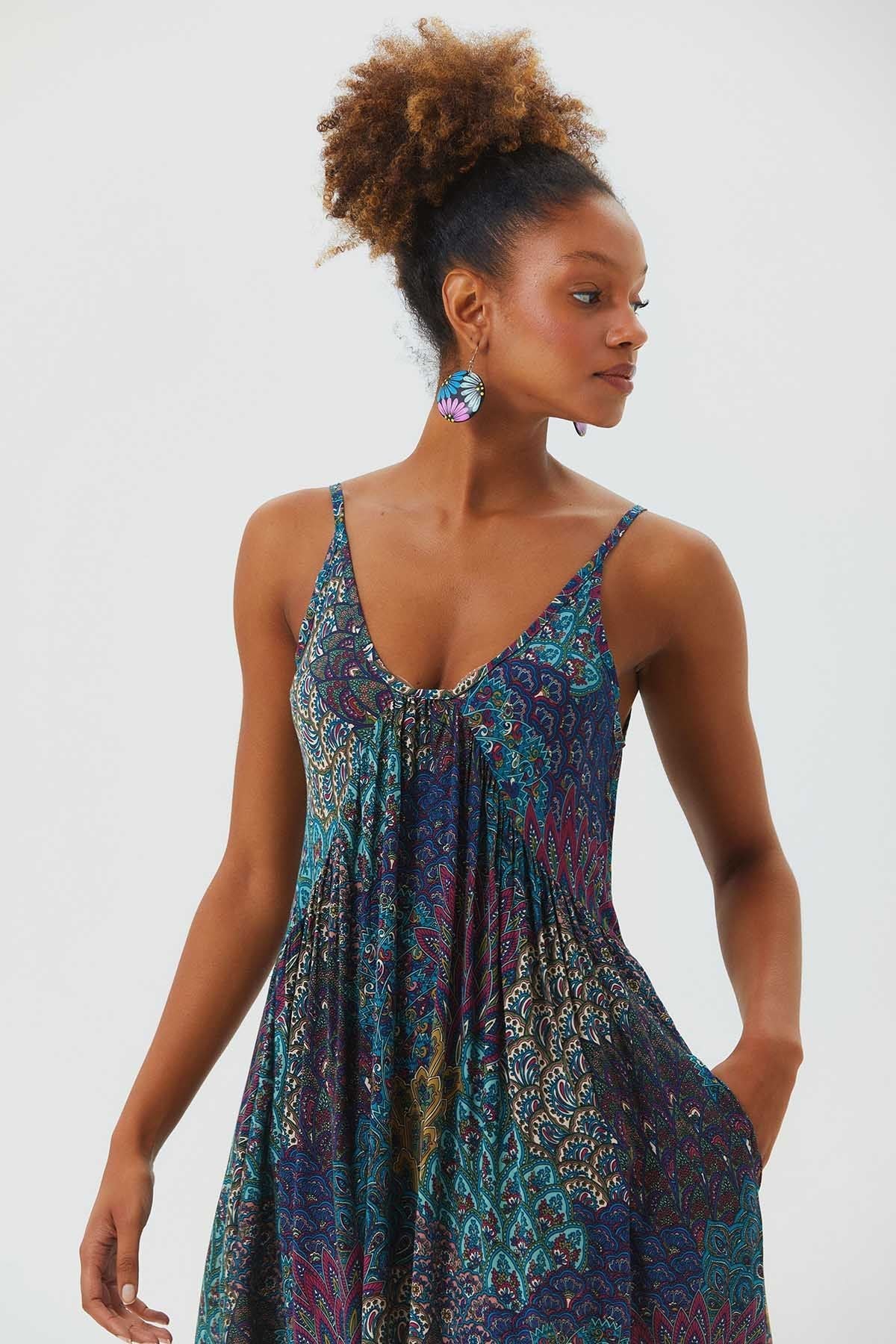 Midi Summer Dress with Patchwork Print Turquoise