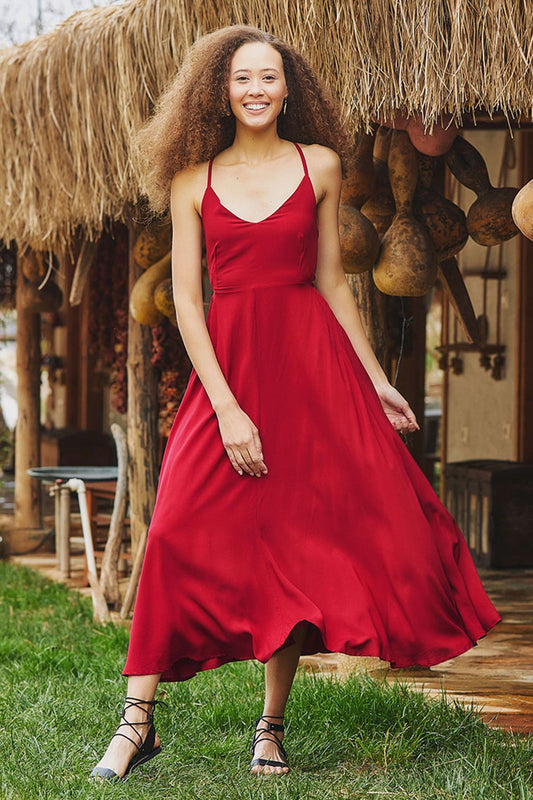 Spaghetti Strap Flowy Midi Sun Dress Red