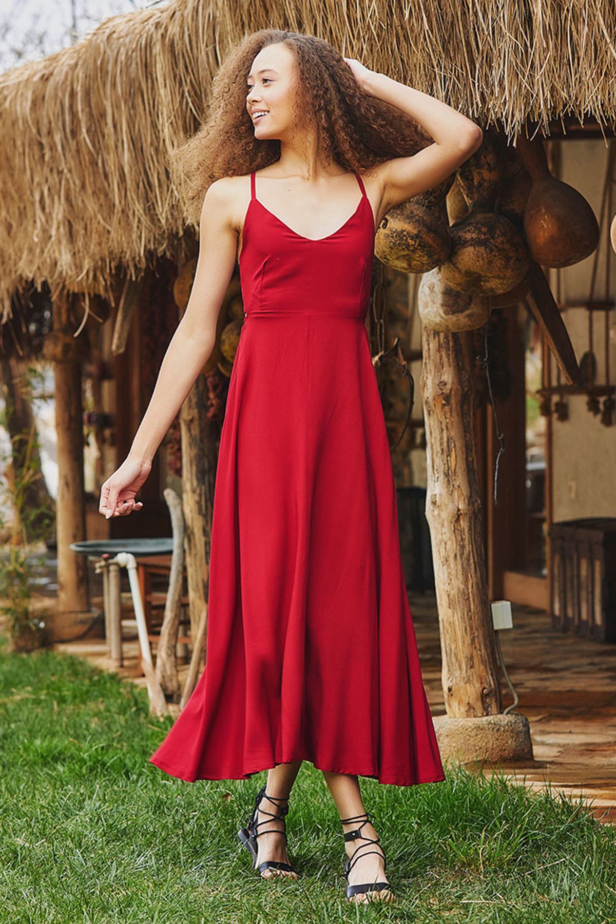Spaghetti Strap Flowy Midi Sun Dress Red