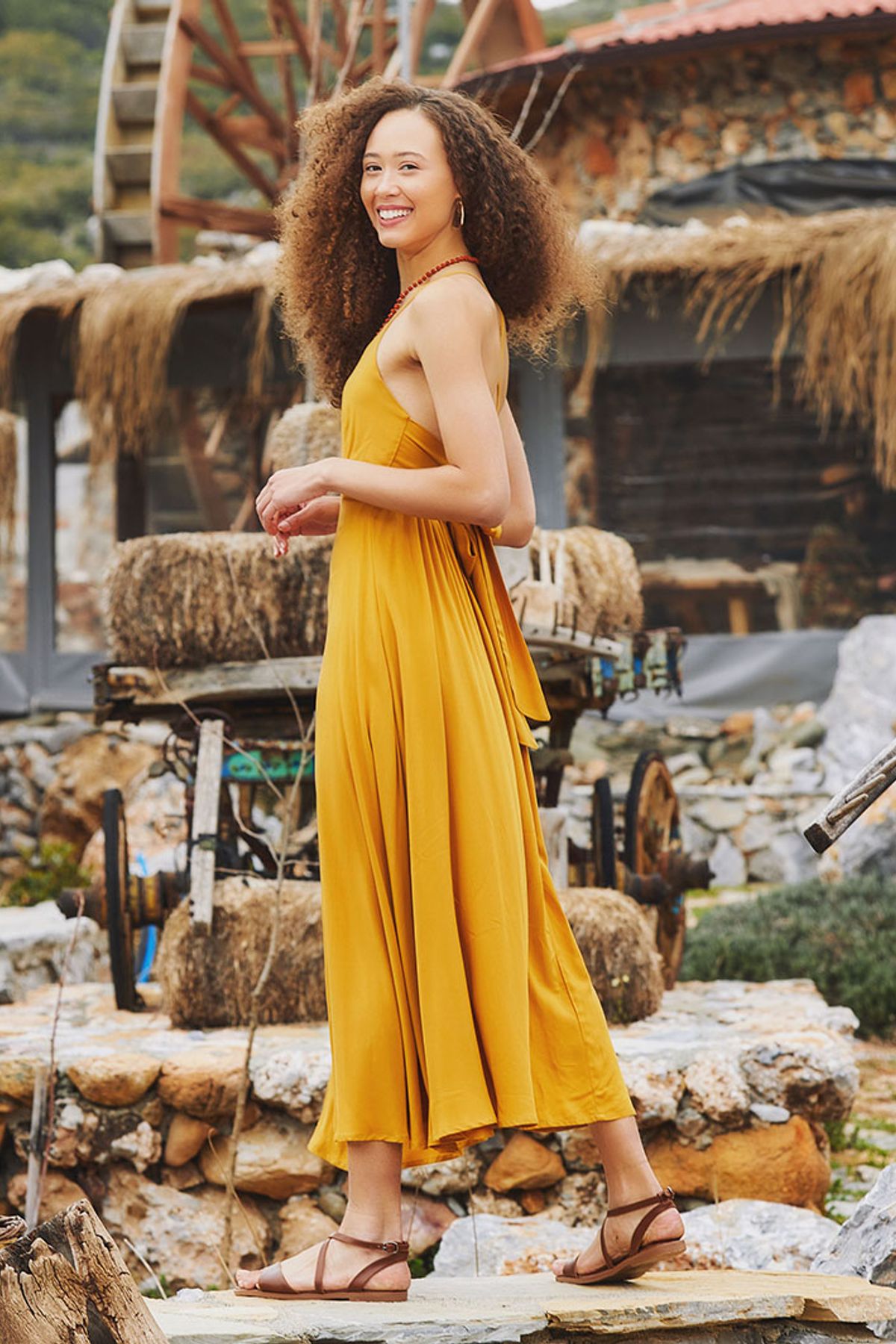 Spaghetti Strap Flowy Midi Sun Dress Yellow