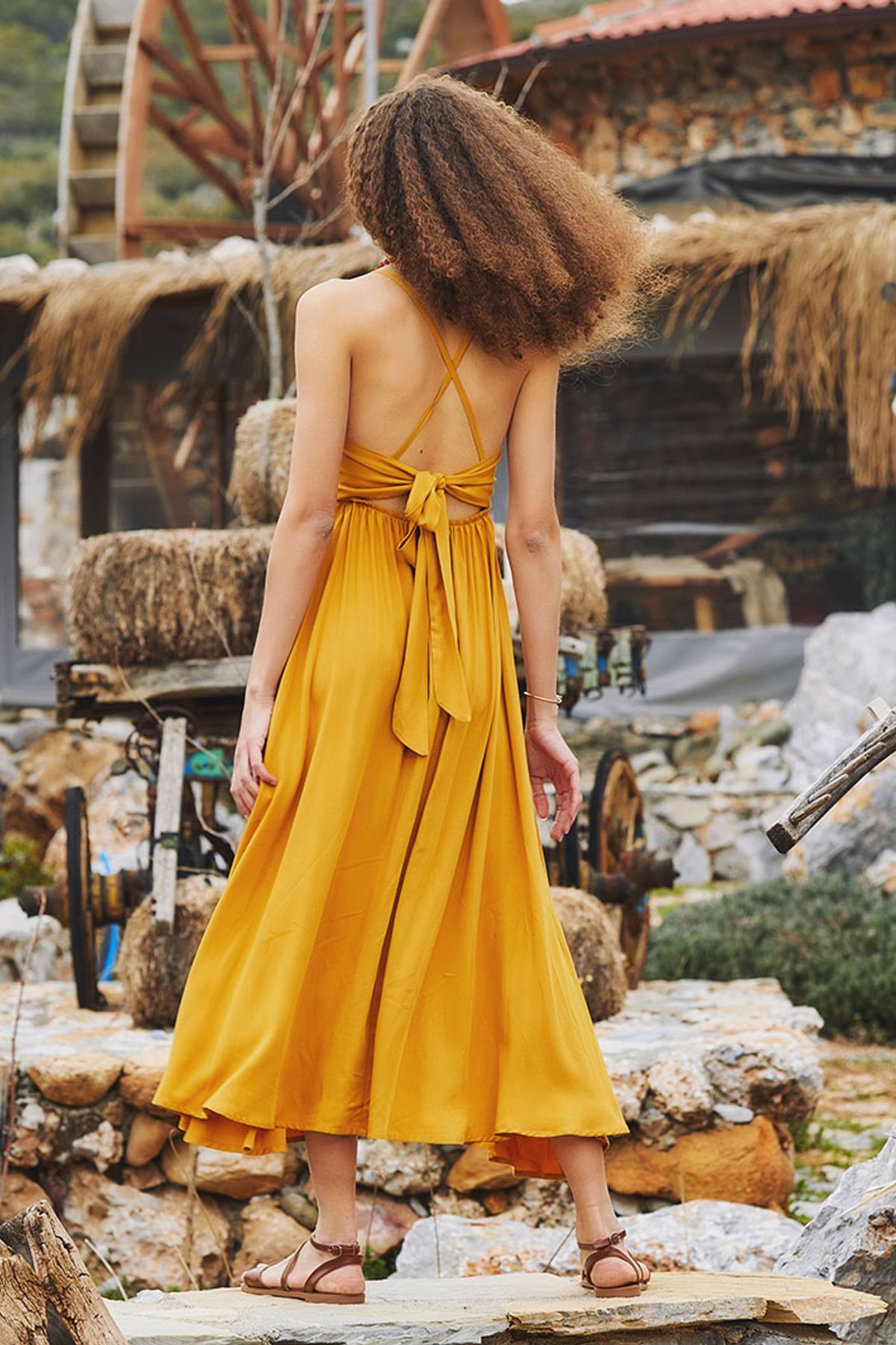 Spaghetti Strap Flowy Midi Sun Dress Yellow