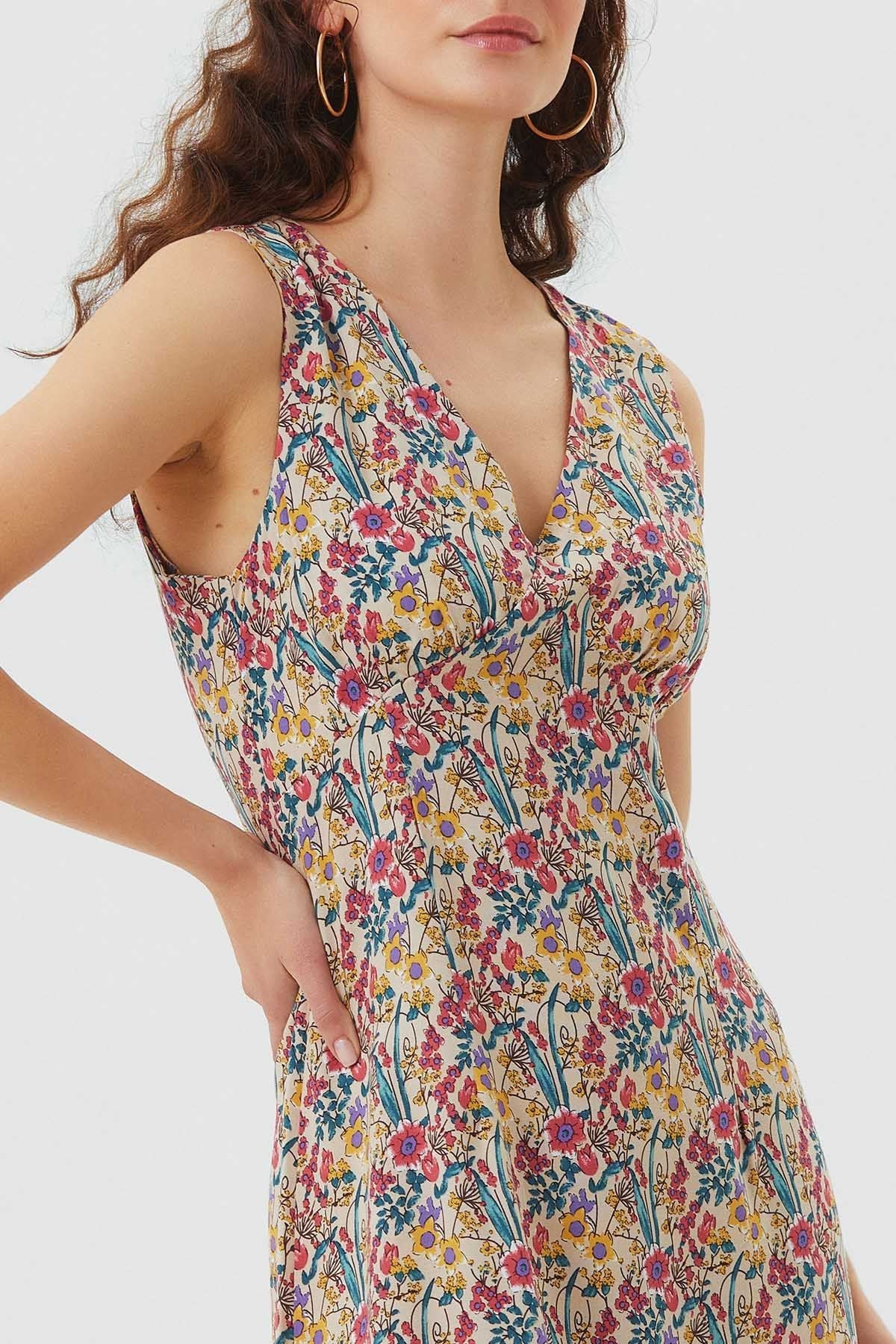 Sleeveless Mini Floral Dress Beige
