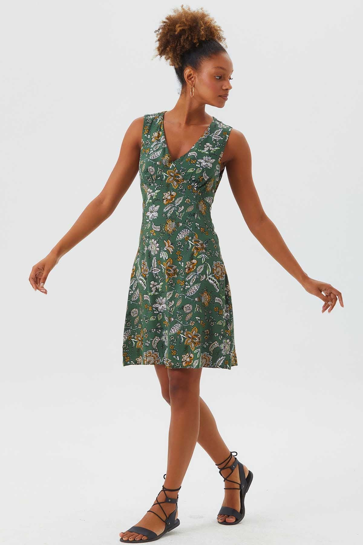Sleeveless Mini Floral Dress Khaki