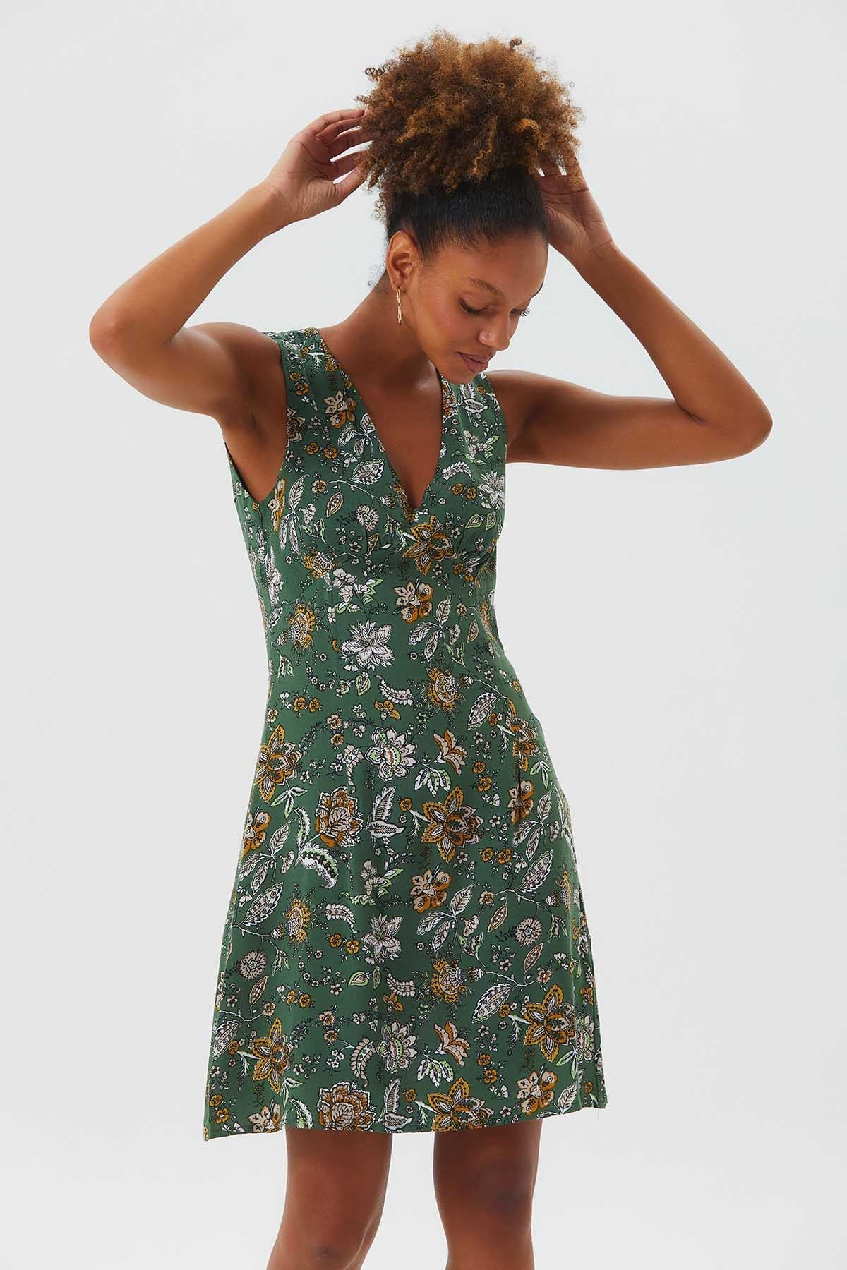 Sleeveless Mini Floral Dress Khaki