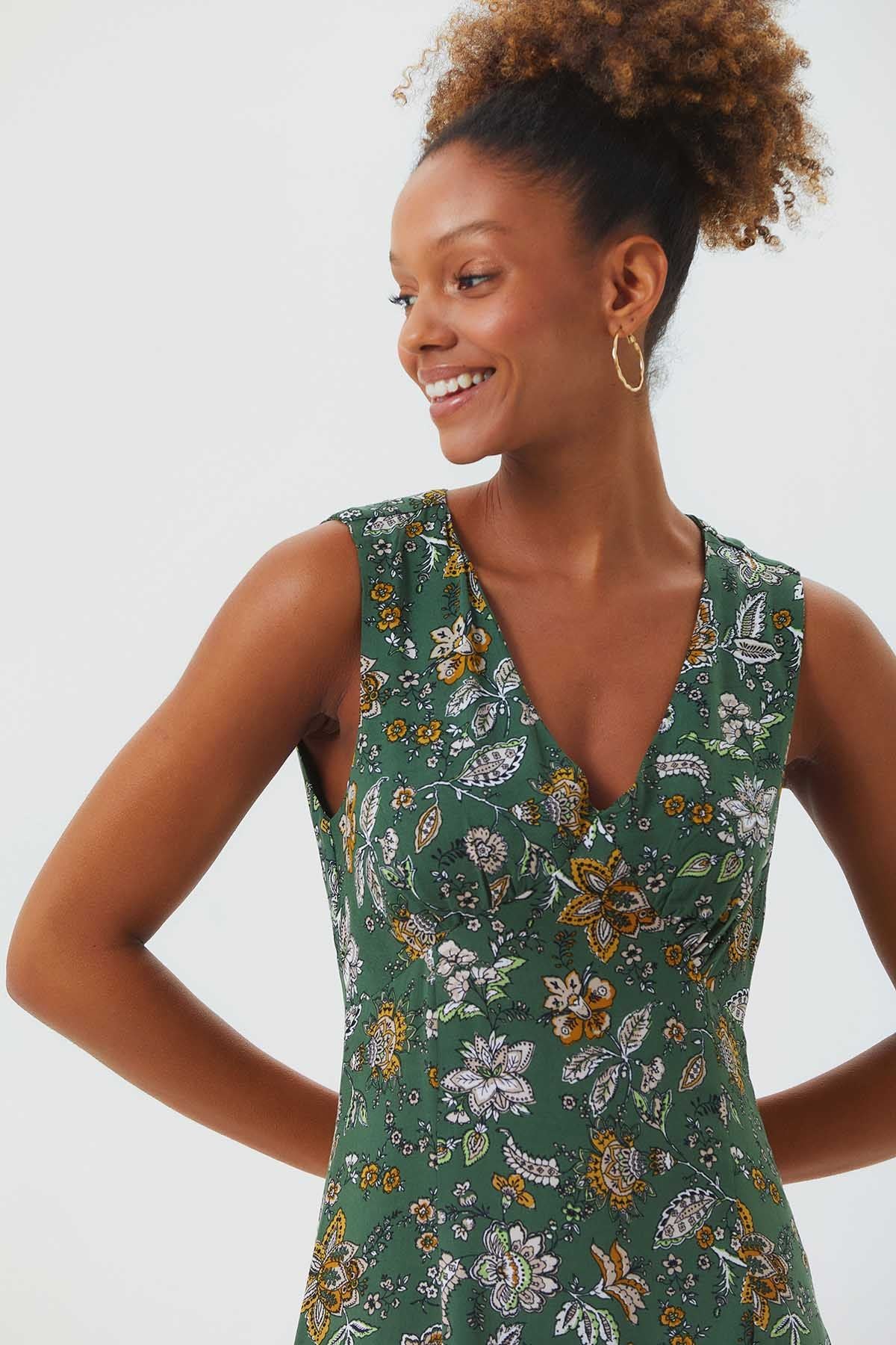 Sleeveless Mini Floral Dress Khaki