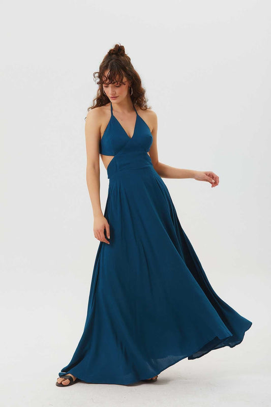 Deep Side Slit Maxi Bohemian Dress Dark Blue