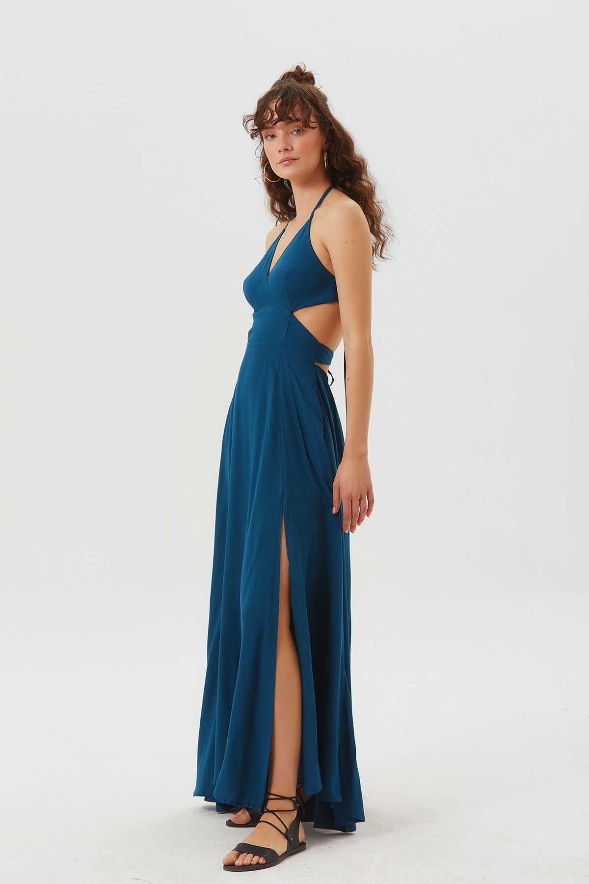 Deep Side Slit Maxi Bohemian Dress Dark Blue