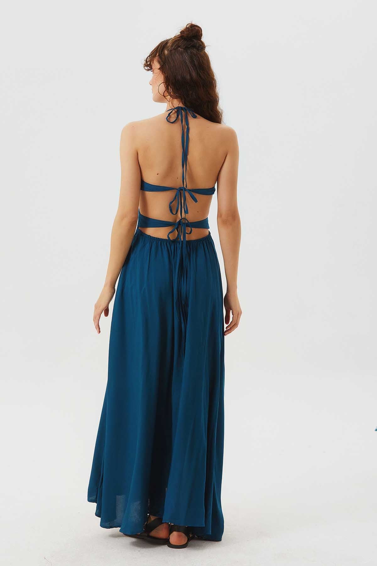 Deep Side Slit Maxi Bohemian Dress Dark Blue