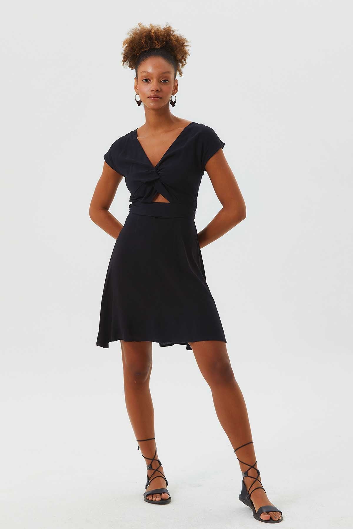 V Neck Low Sleeve Short Dress Black