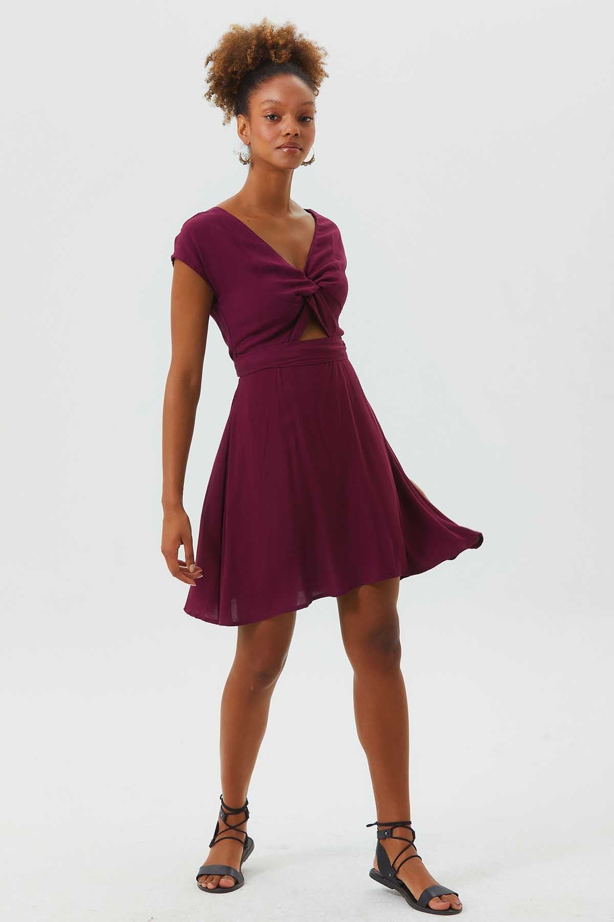 V Neck Low Sleeve Short Dress Purple