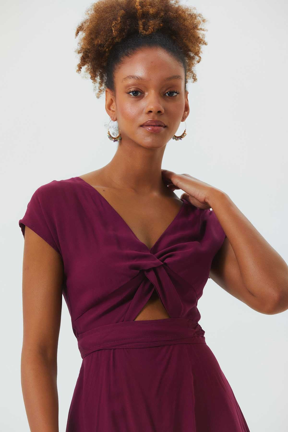 V Neck Low Sleeve Short Dress Purple