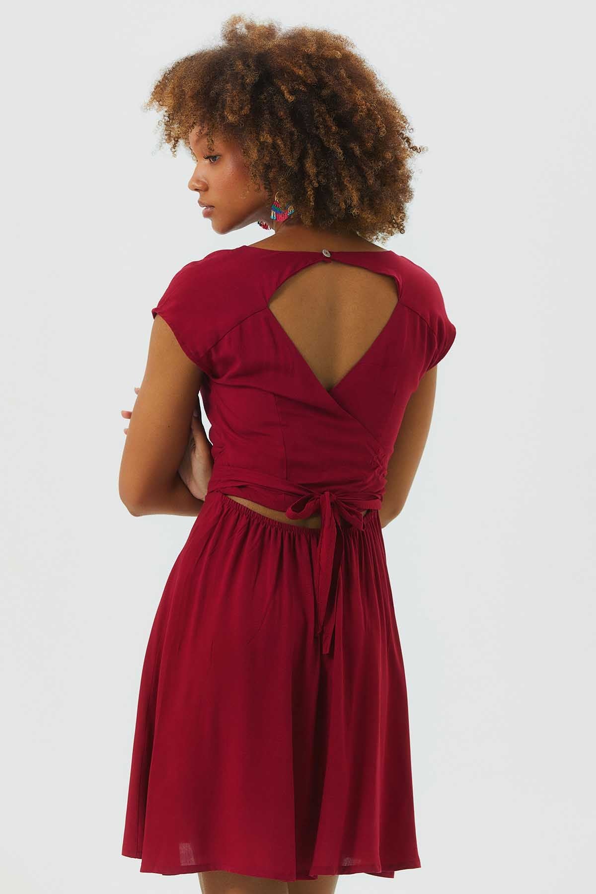 V Neck Low Sleeve Short Dress Dark Red