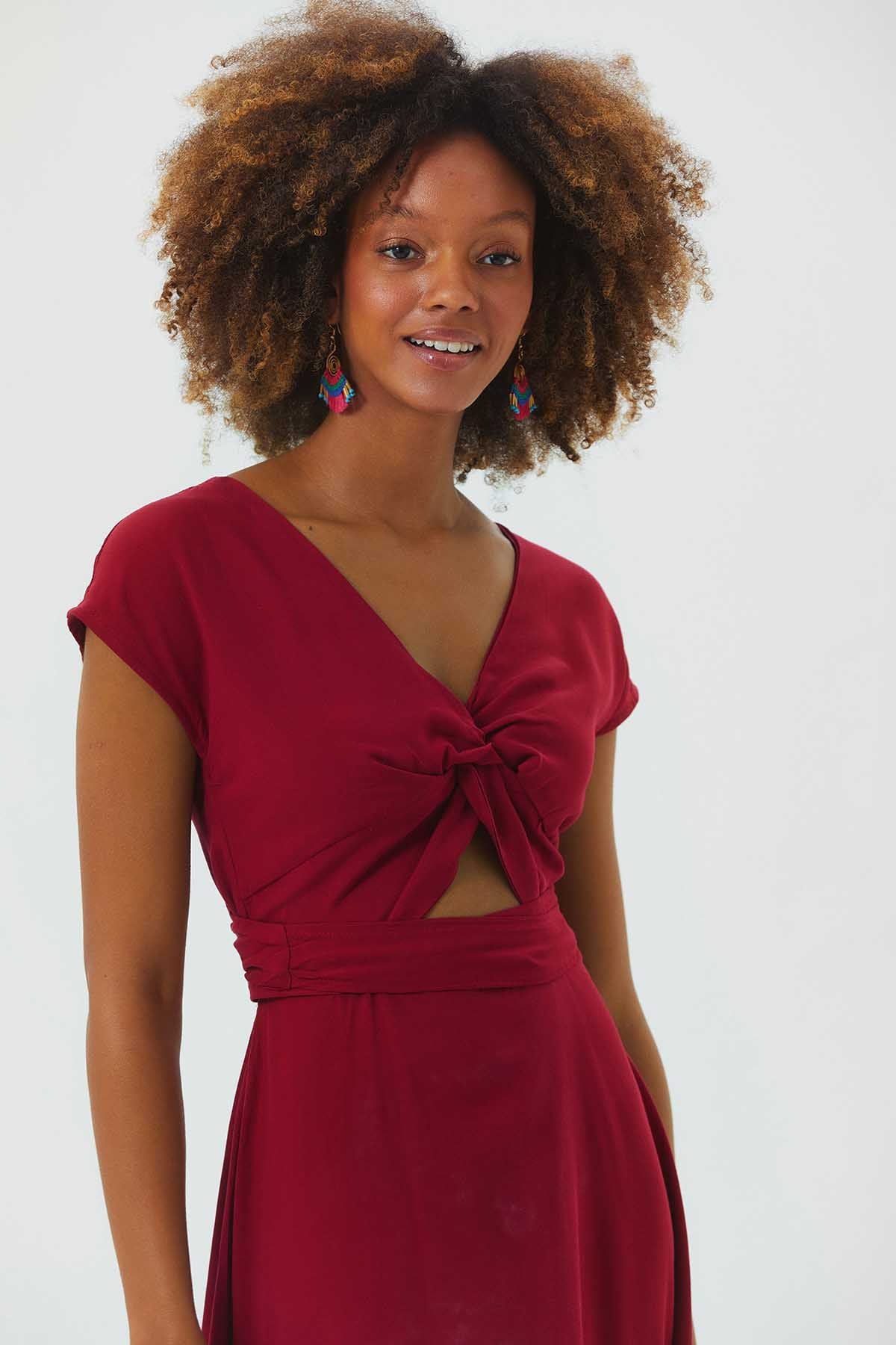 V Neck Low Sleeve Short Dress Dark Red