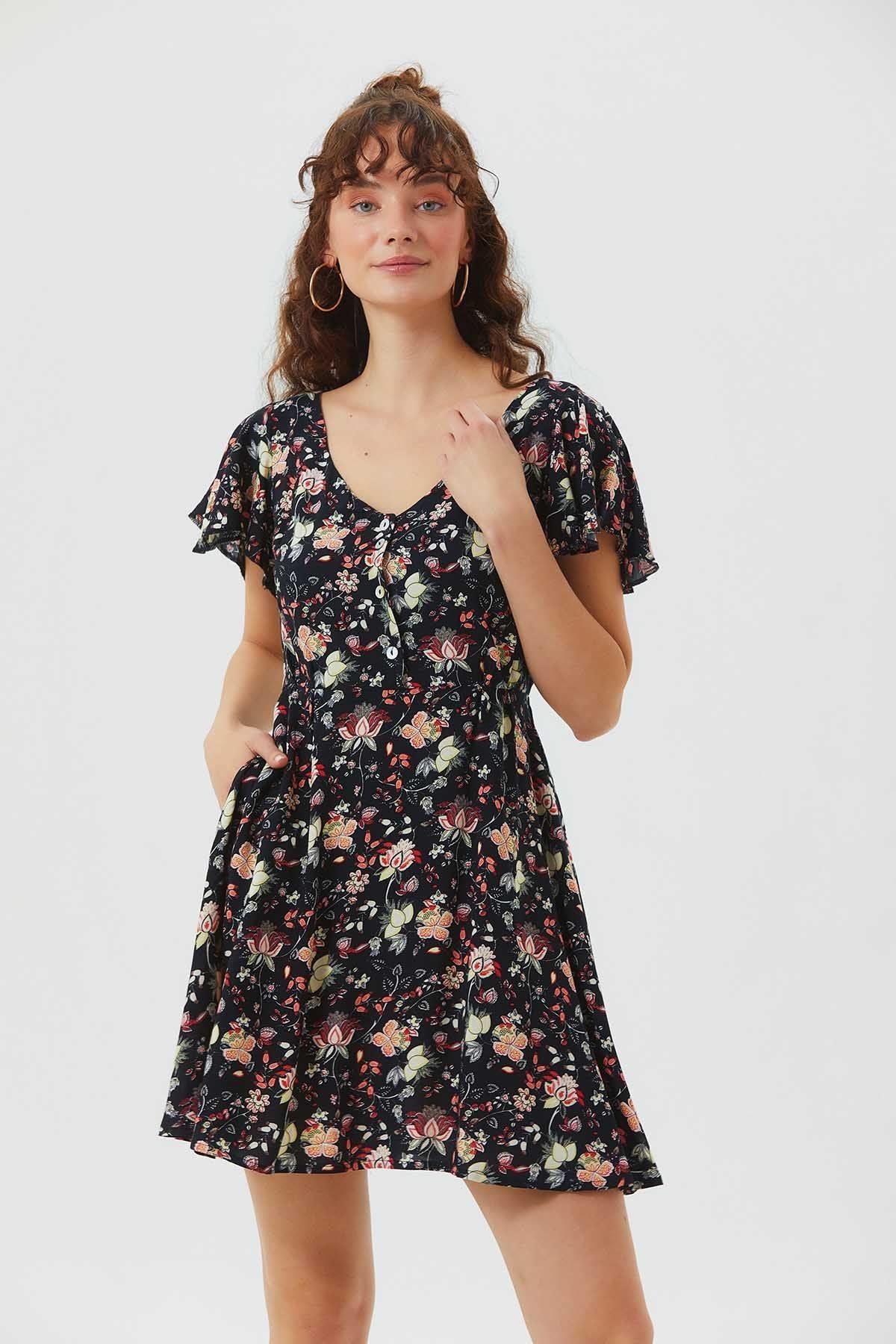 Flutter Sleeve Detailed Short Boho Dress Black
