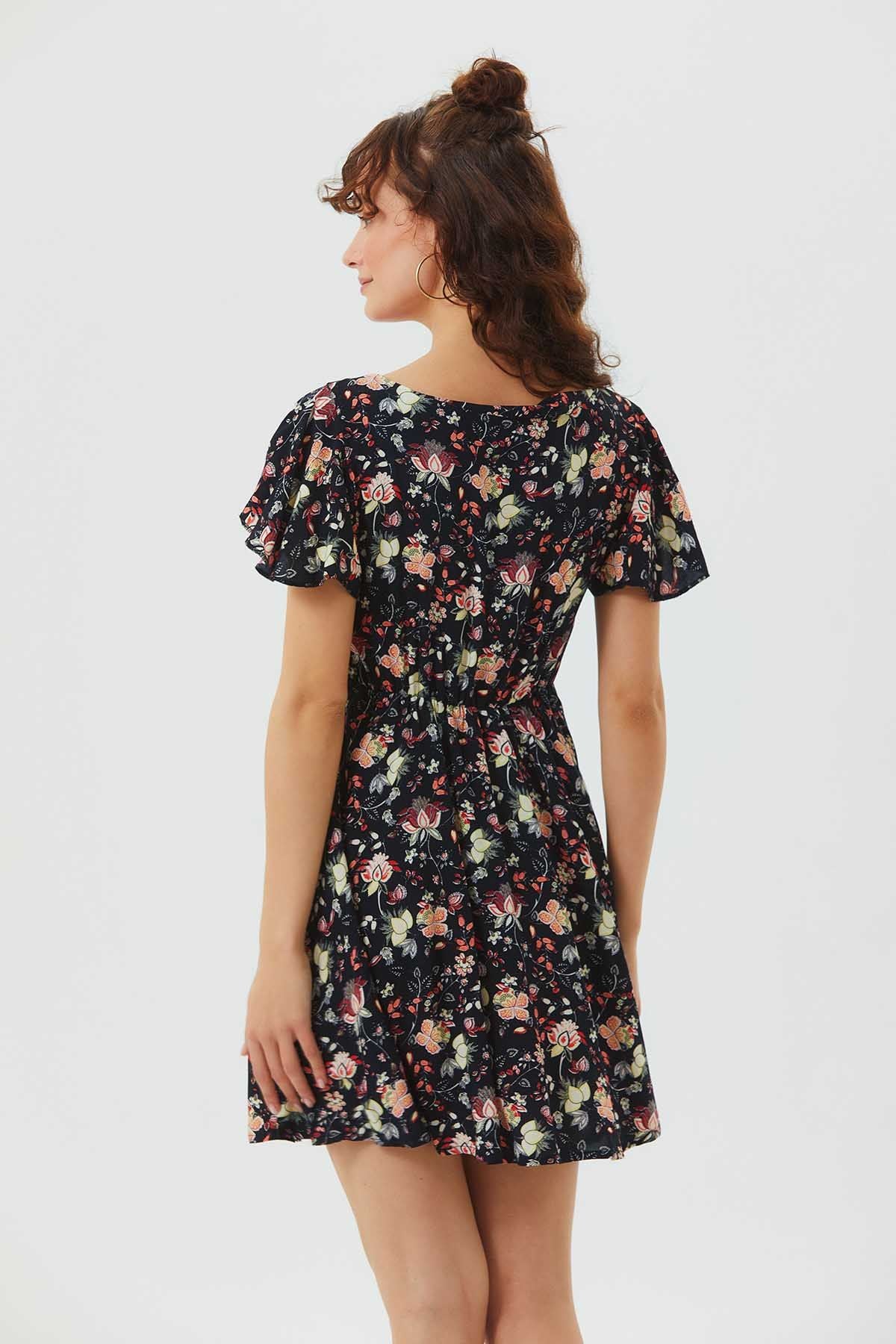 Flutter Sleeve Detailed Short Boho Dress Black