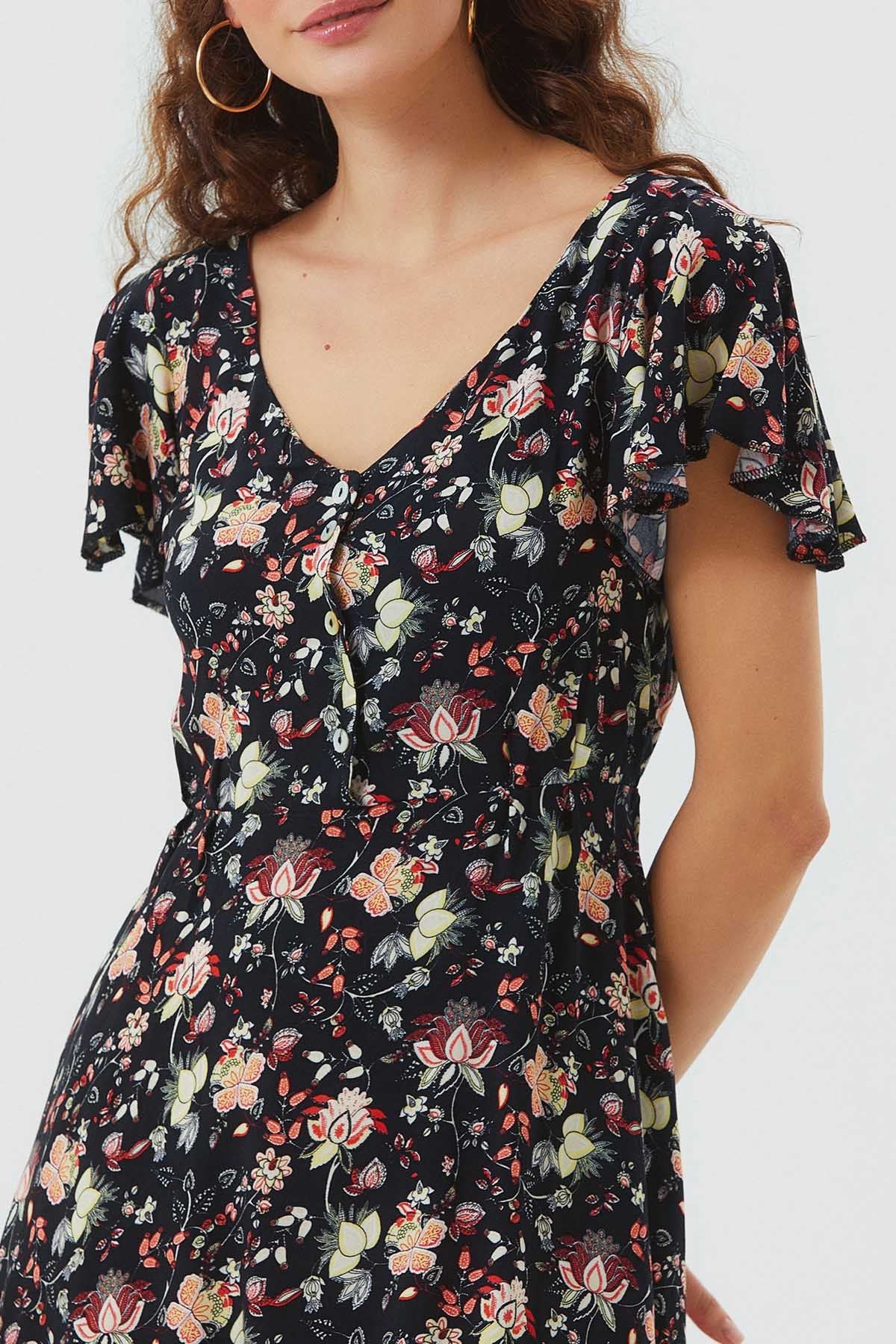Flutter Sleeve Detailed Short Boho Dress Black