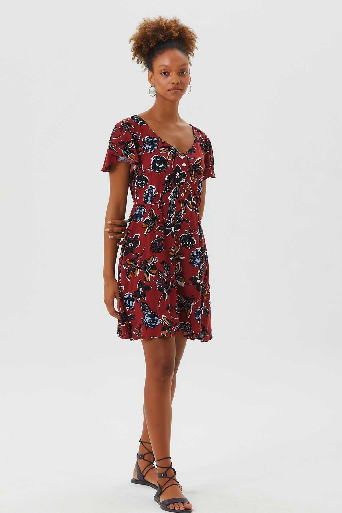 Flutter Sleeve Detailed Short Boho Dress Dark Red