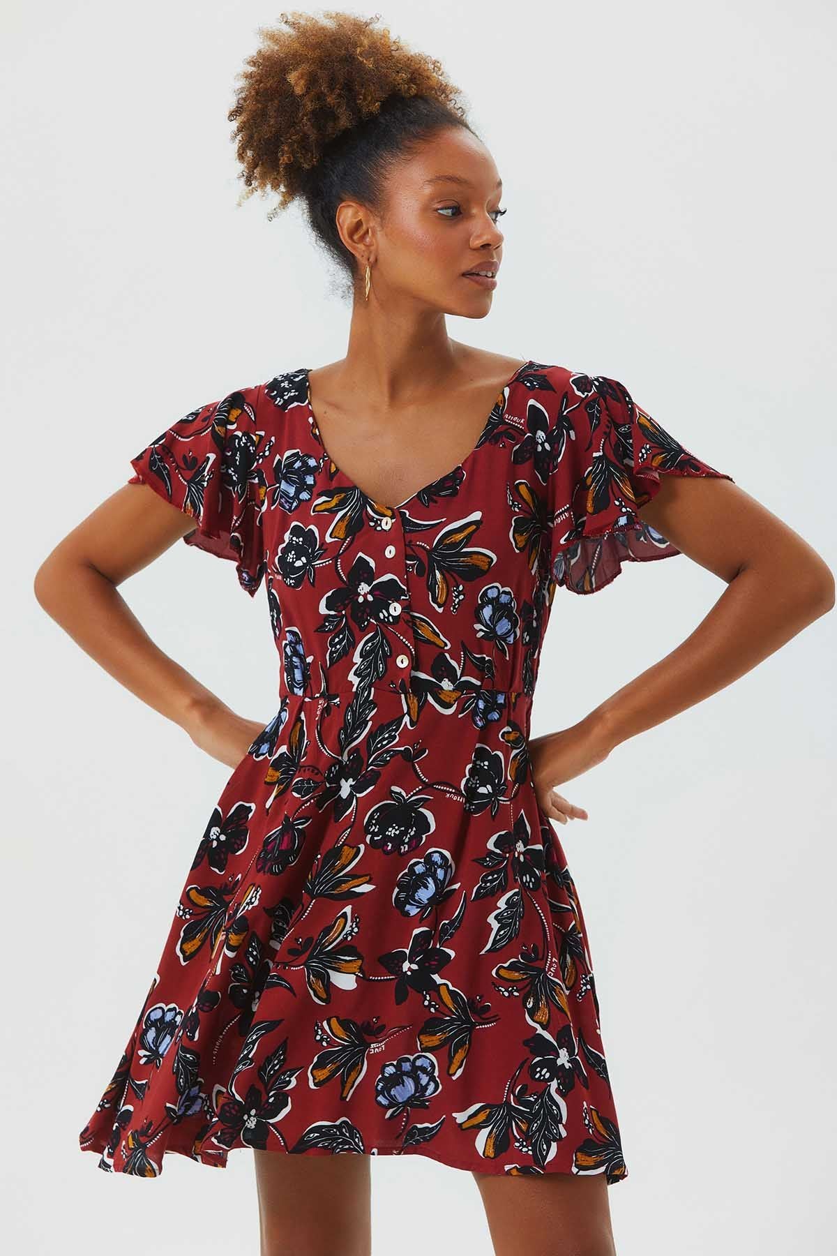 Flutter Sleeve Detailed Short Boho Dress Dark Red
