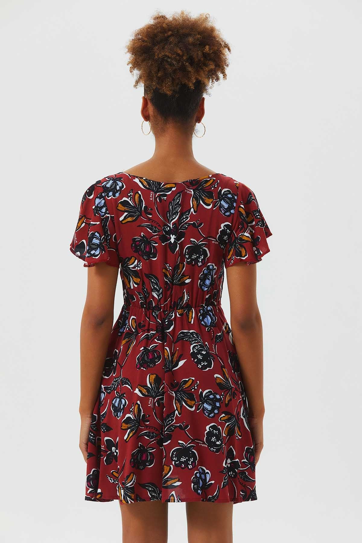 Flutter Sleeve Detailed Short Boho Dress Dark Red