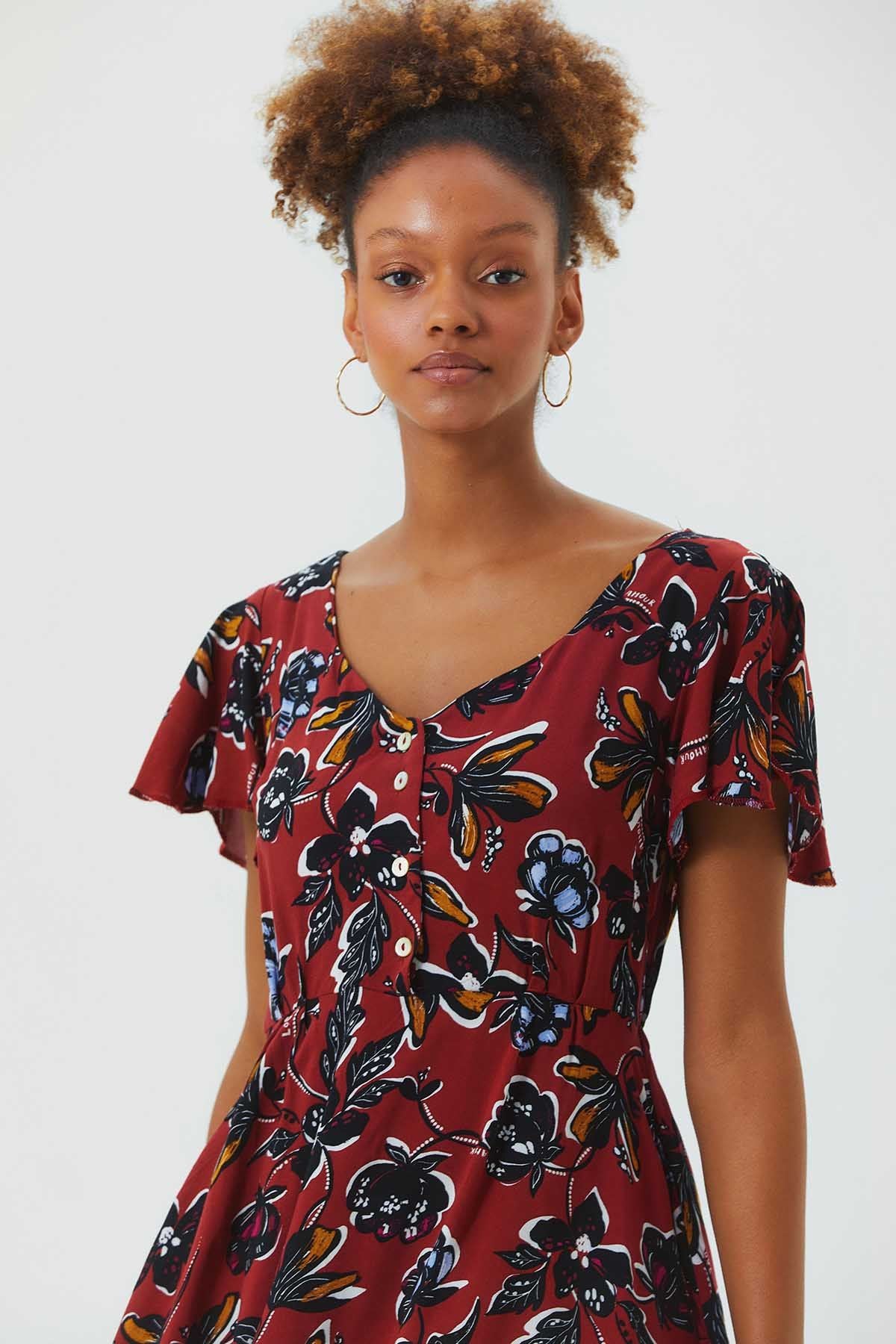Flutter Sleeve Detailed Short Boho Dress Dark Red