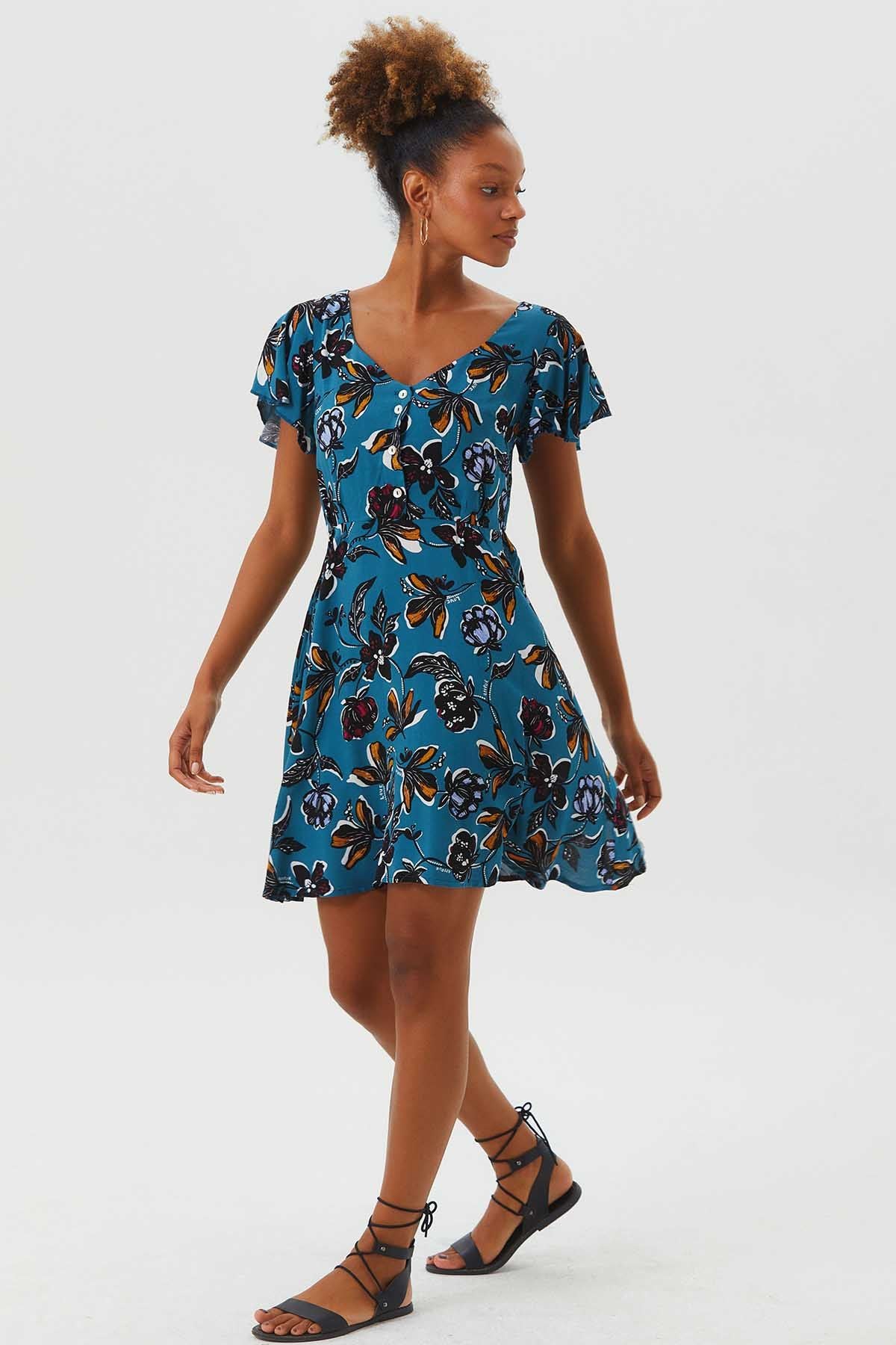 Flutter Sleeve Detailed Short Boho Dress Teal