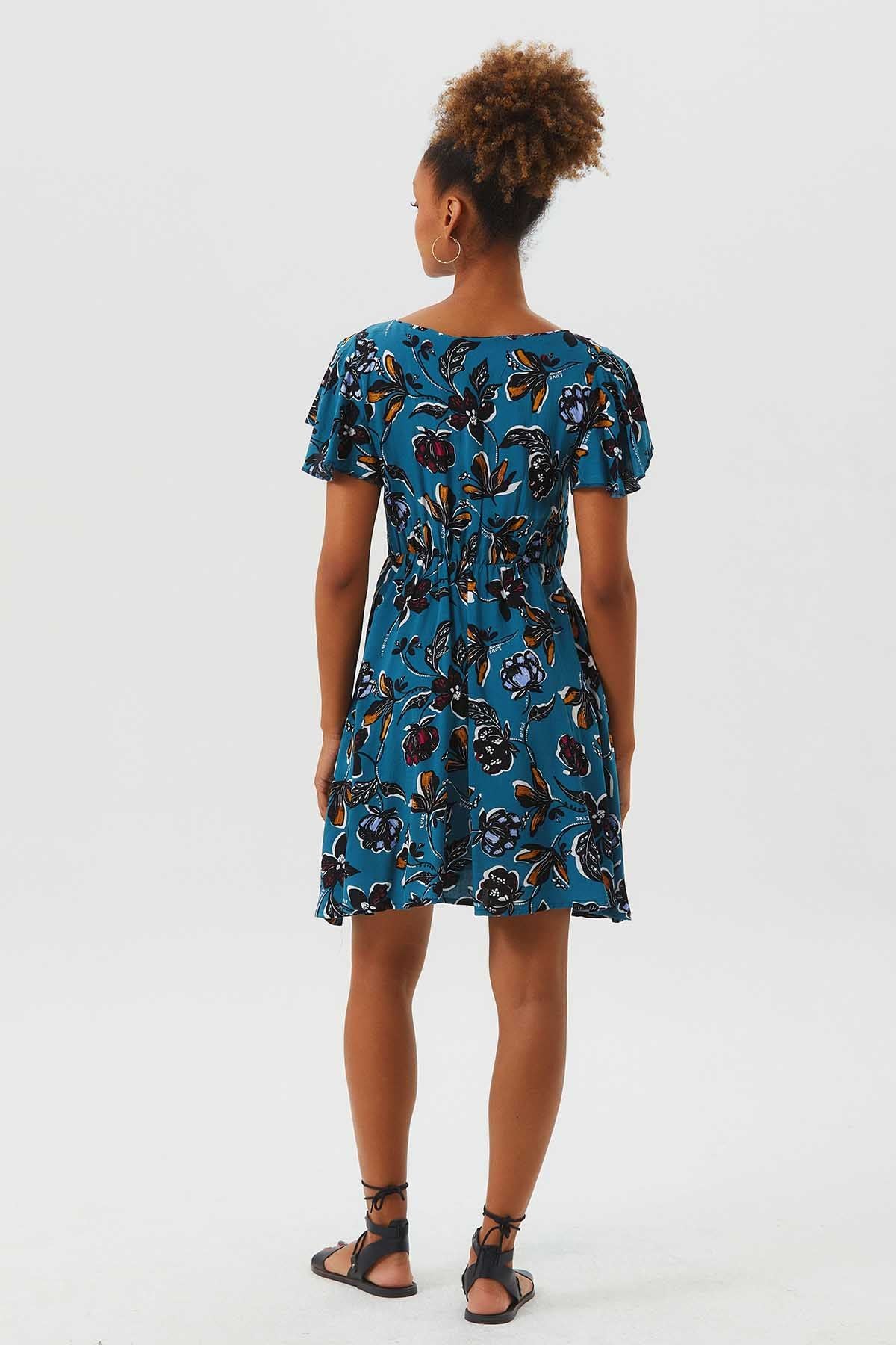 Flutter Sleeve Detailed Short Boho Dress Teal