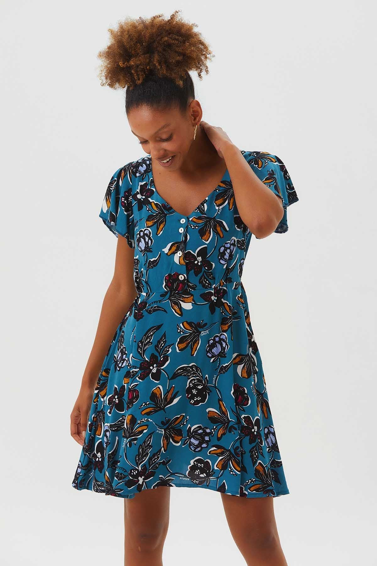 Flutter Sleeve Detailed Short Boho Dress Teal