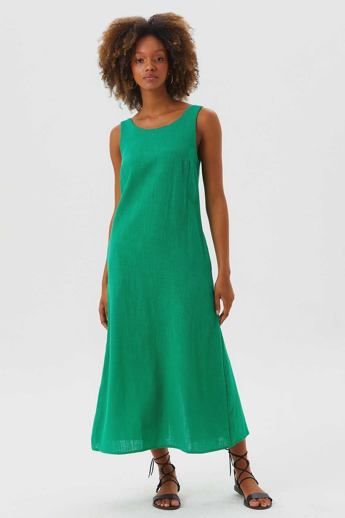 Round Neck Boho Shift Dress with Tie Closure Green