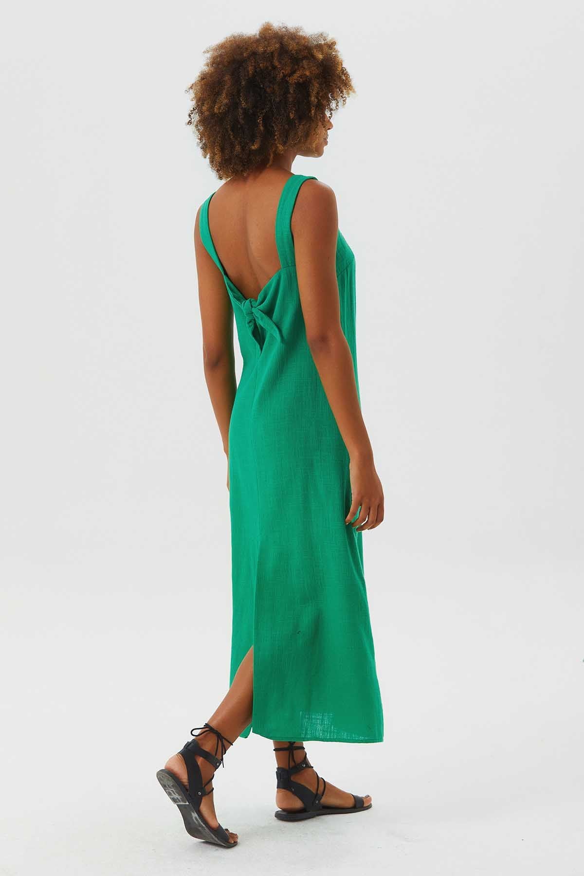 Round Neck Boho Shift Dress with Tie Closure Green
