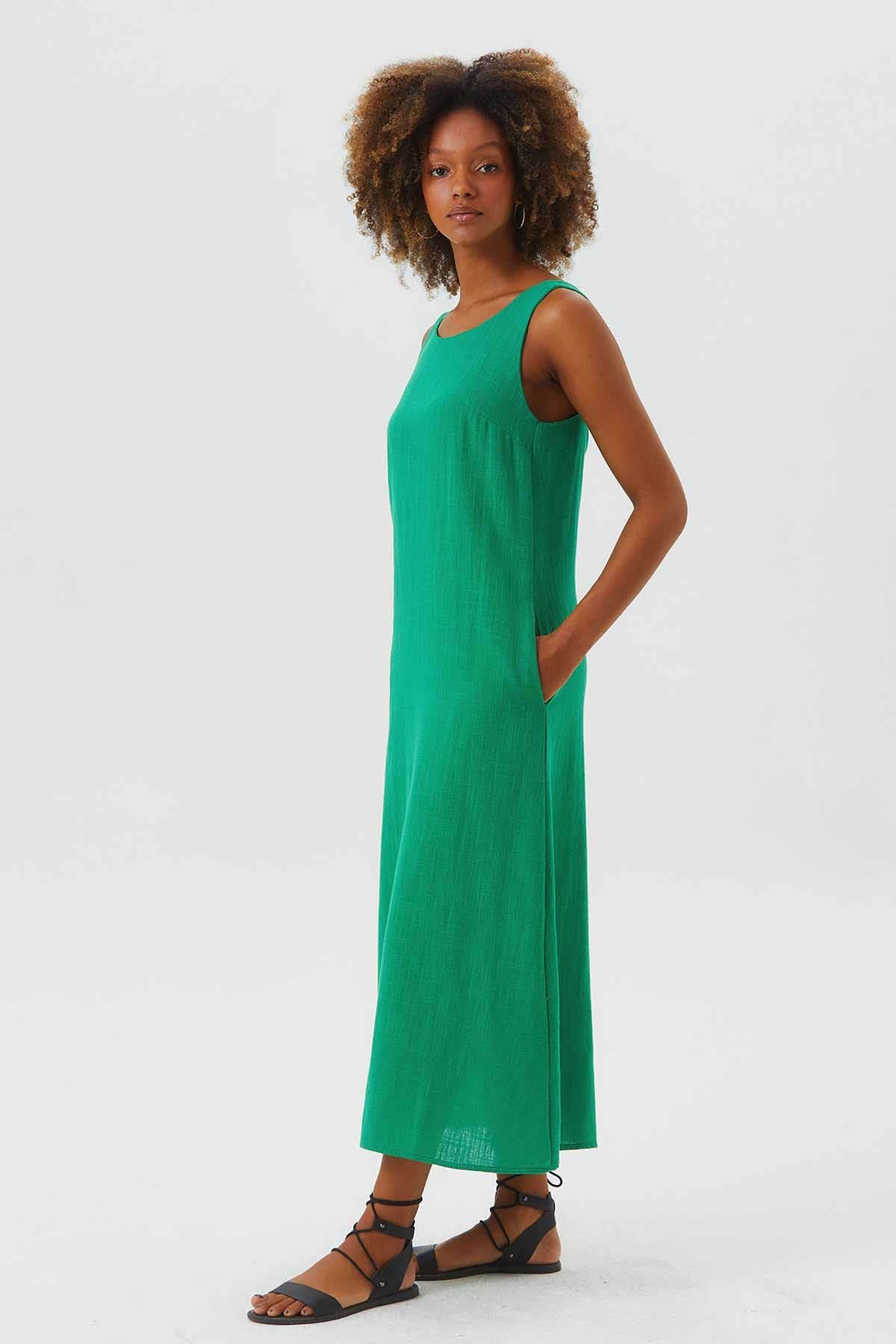 Round Neck Boho Shift Dress with Tie Closure Green