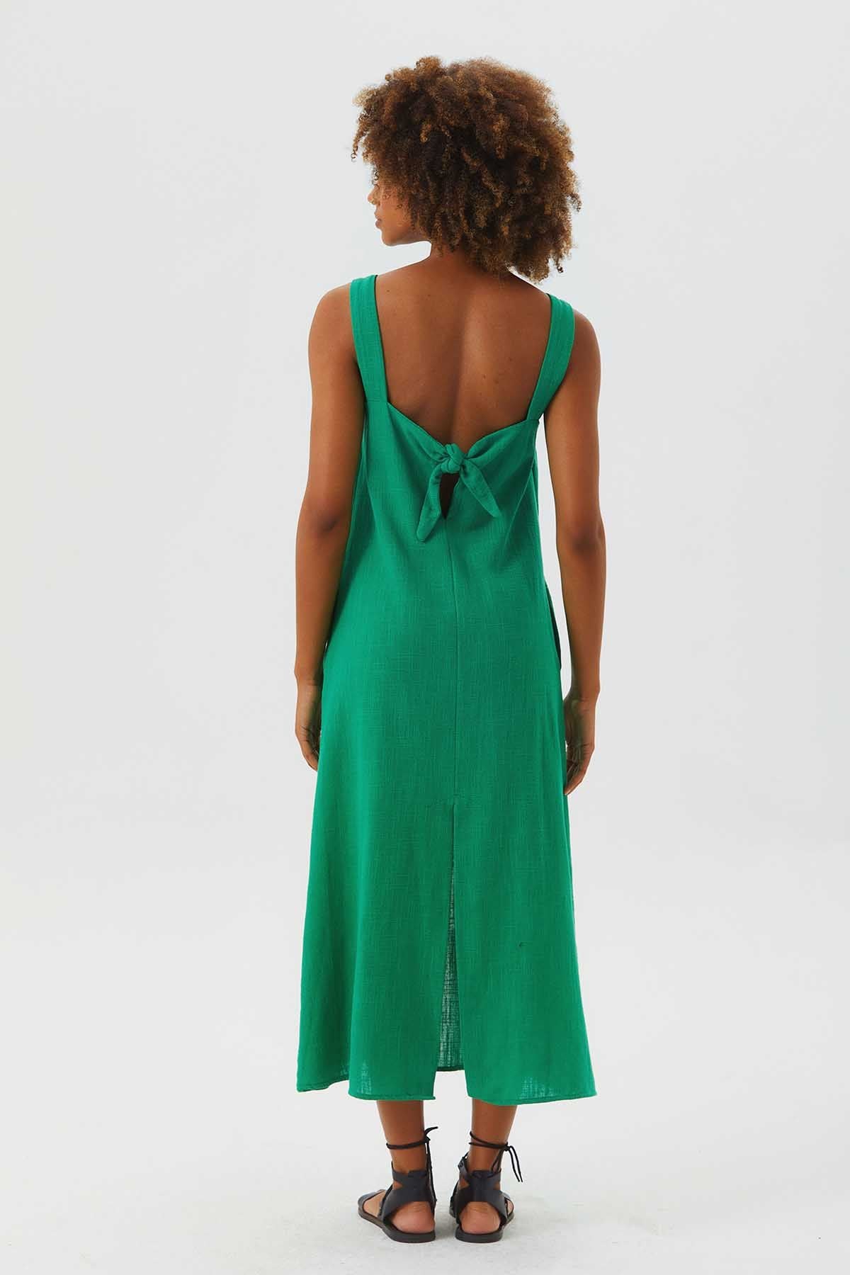 Round Neck Boho Shift Dress with Tie Closure Green