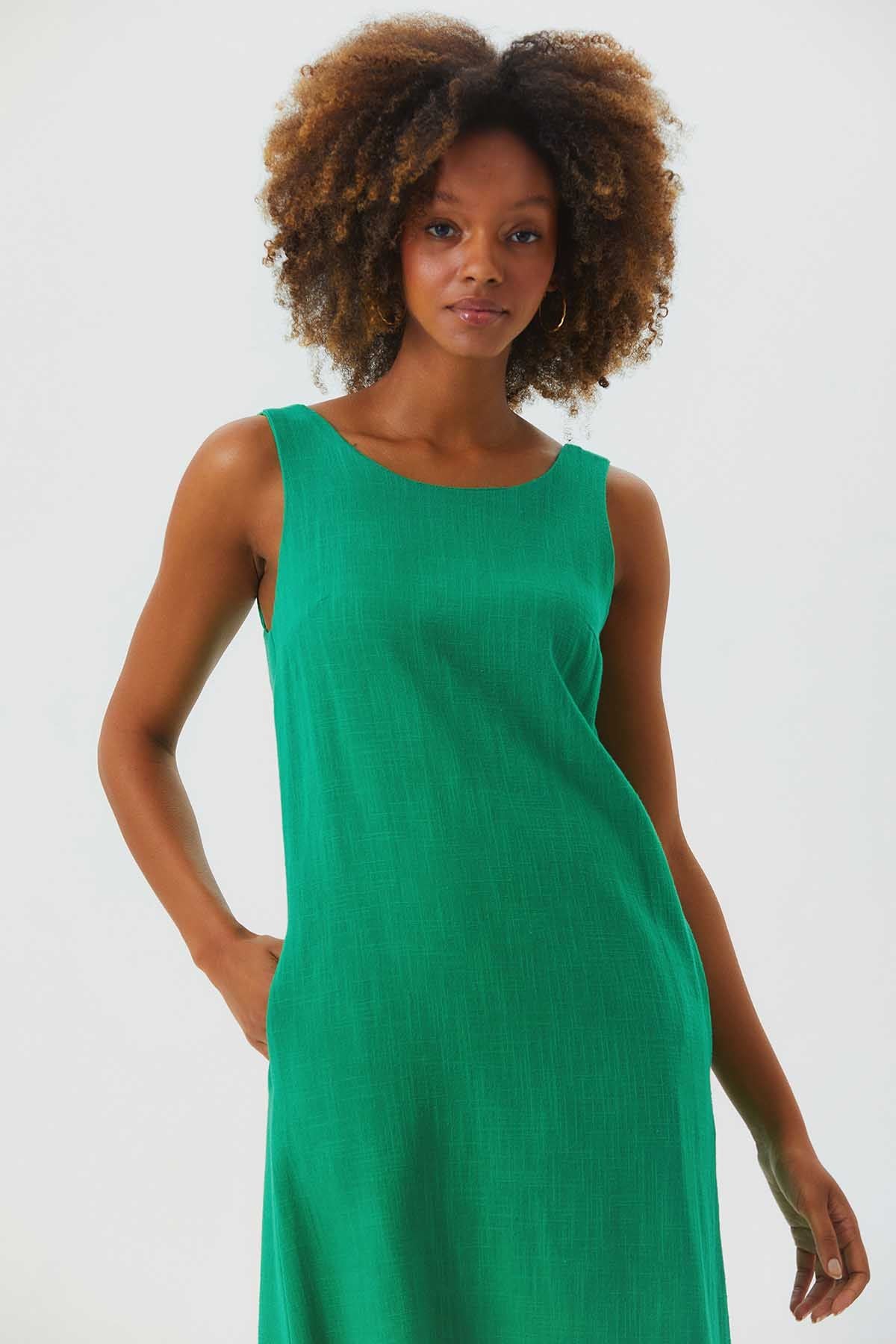 Round Neck Boho Shift Dress with Tie Closure Green