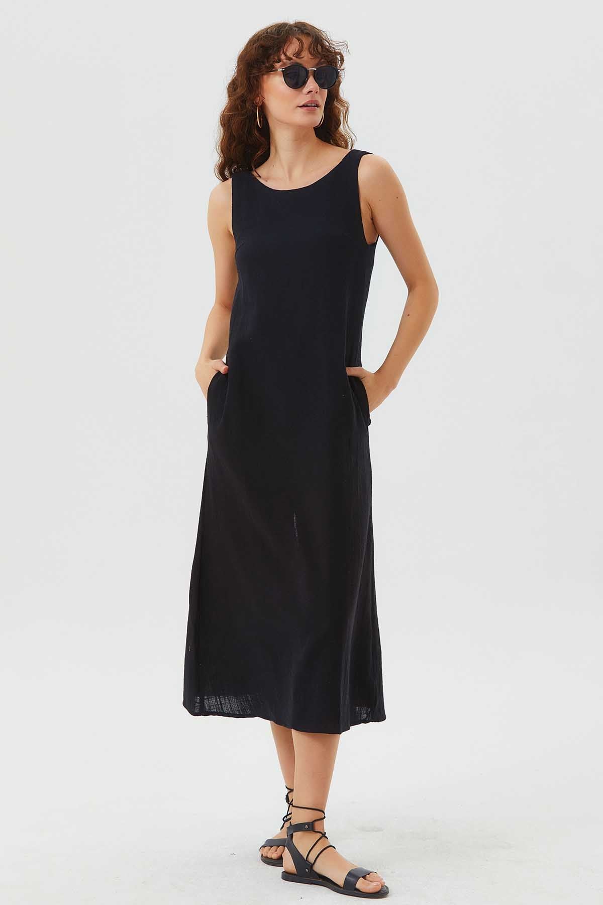 Round Neck Boho Shift Dress with Tie Closure Black