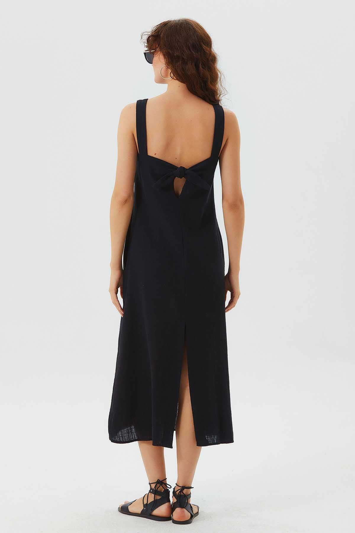 Round Neck Boho Shift Dress with Tie Closure Black