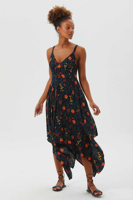 V Neck Asymmetric Bohemian Dress Black