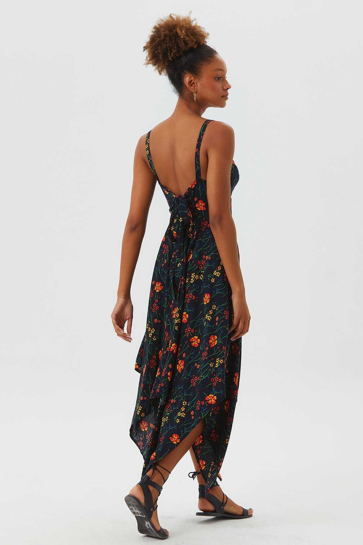 V Neck Asymmetric Bohemian Dress Black