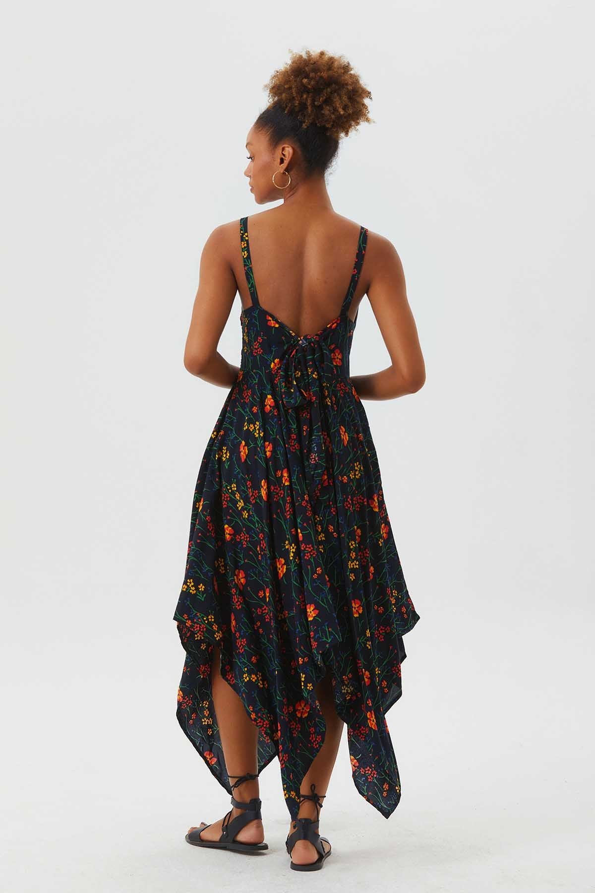 V Neck Asymmetric Bohemian Dress Black