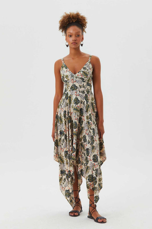 V Neck Asymmetric Bohemian Dress Beige