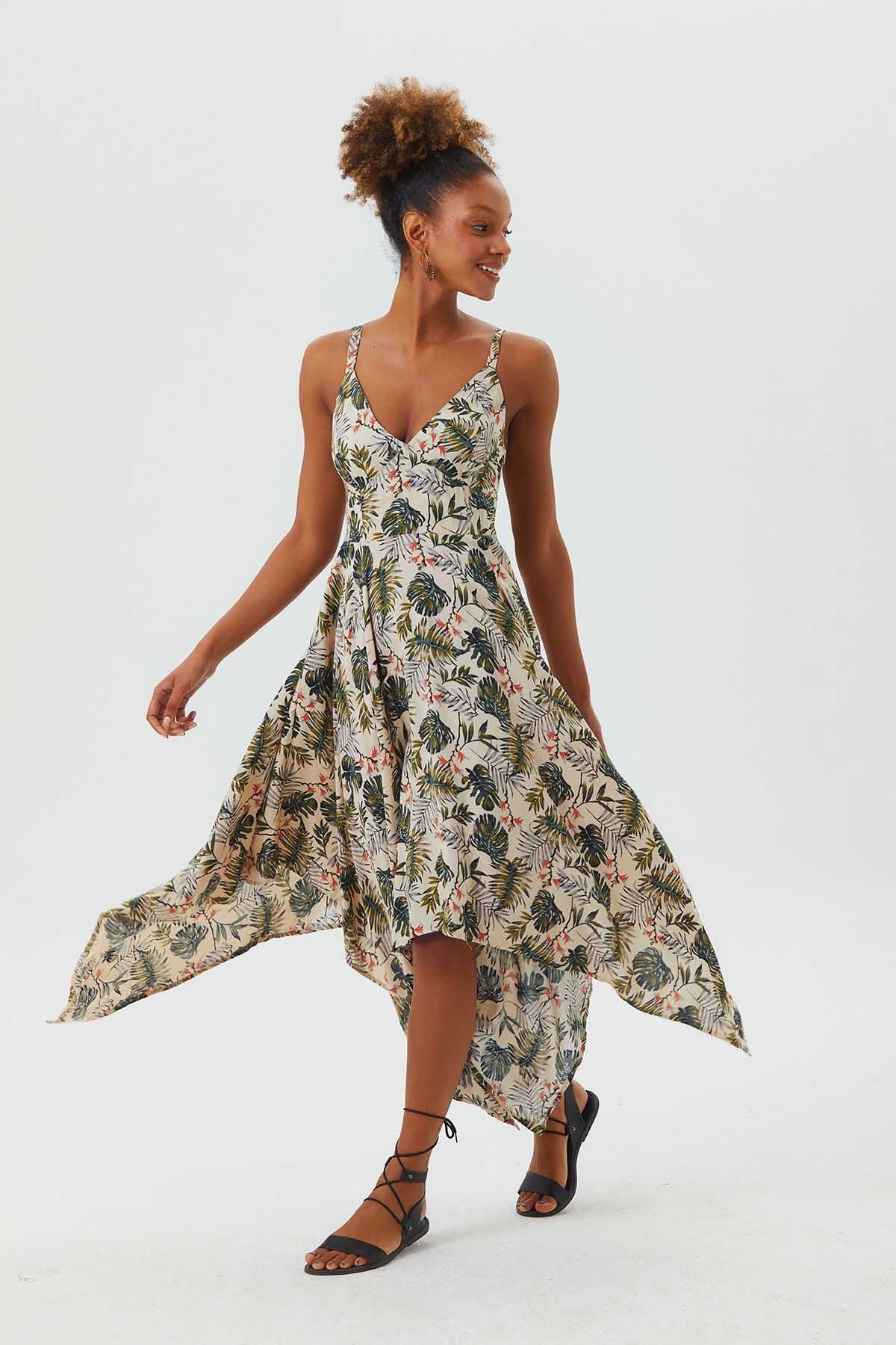 V Neck Asymmetric Bohemian Dress Beige