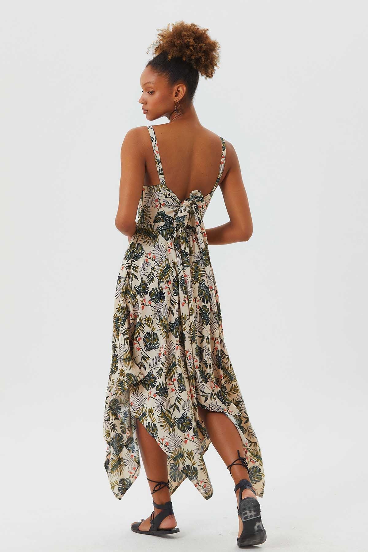 V Neck Asymmetric Bohemian Dress Beige