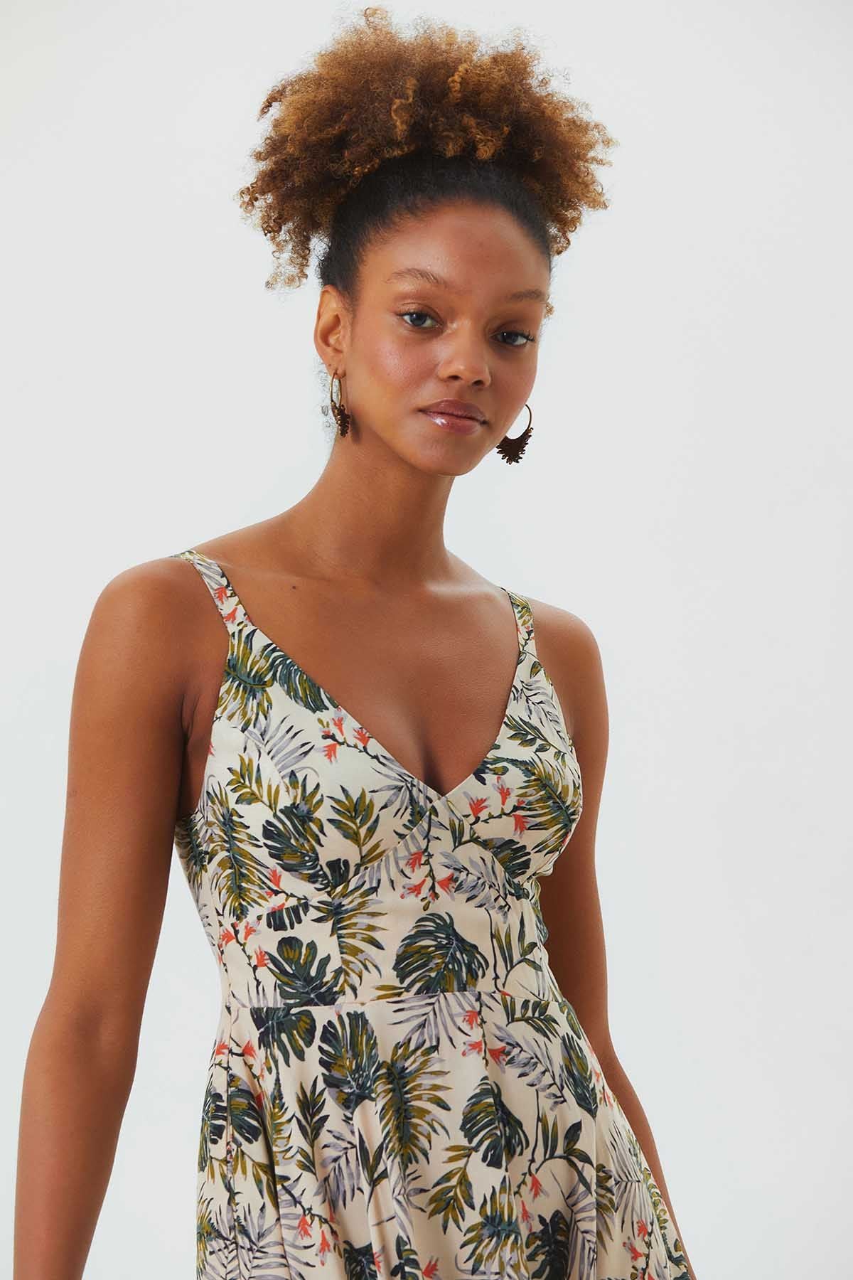 V Neck Asymmetric Bohemian Dress Beige