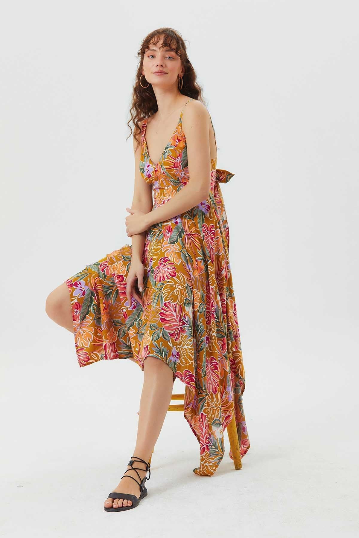 V Neck Asymmetric Bohemian Dress Mustard
