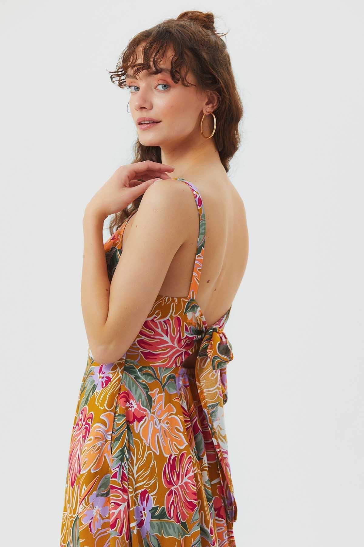 V Neck Asymmetric Bohemian Dress Mustard