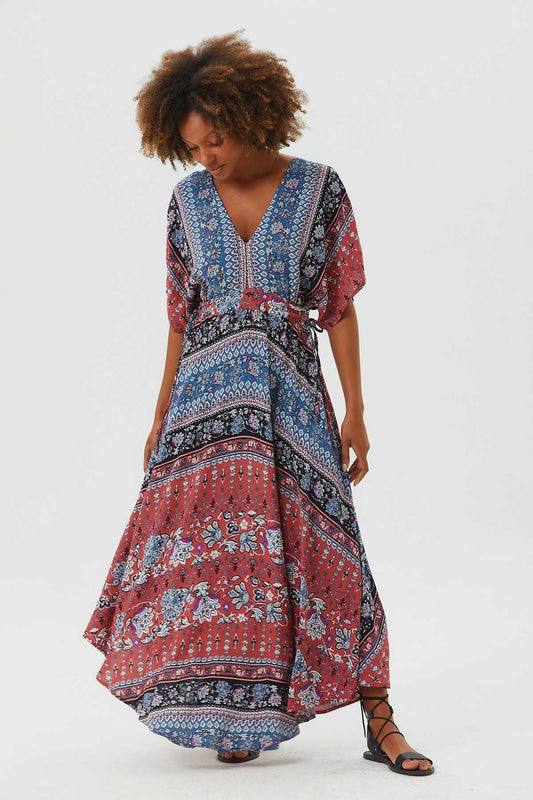 V Neck Half Sleeve Flowy Midi Dress Pink