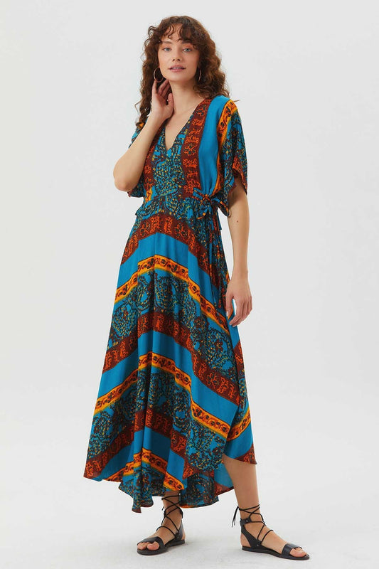 V Neck Half Sleeve Flowy Midi Dress Yellow