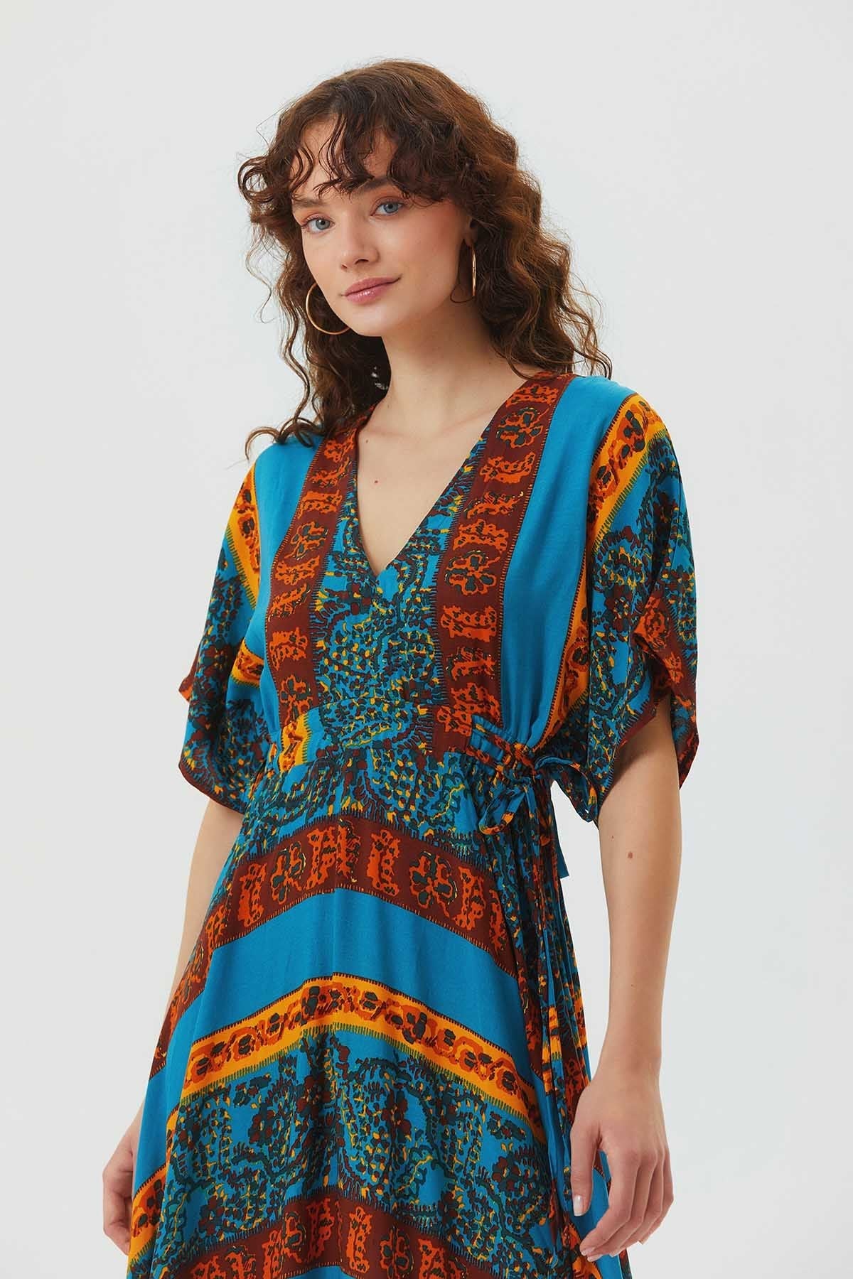 V Neck Half Sleeve Flowy Midi Dress Yellow